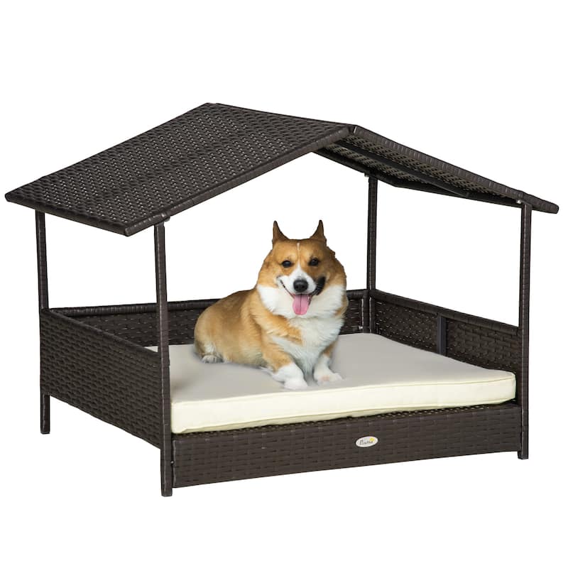 PawHut Wicker Dog House Raised Rattan Bed for Indoor/Outdoor