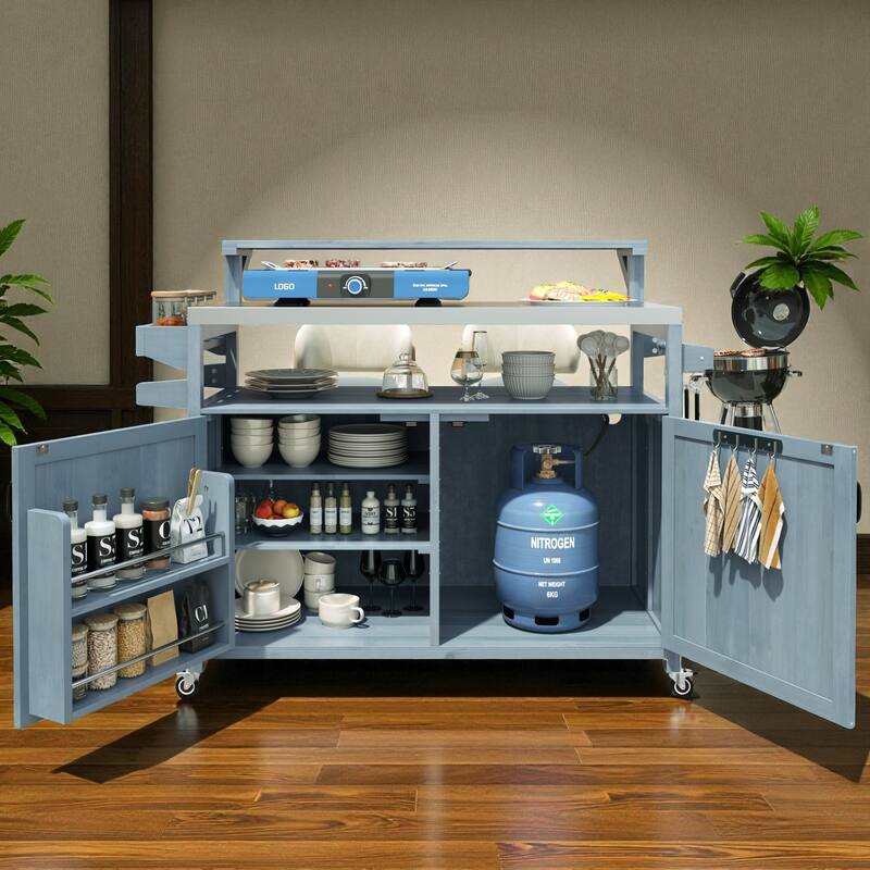 53" Outdoor Kitchen Island with Stainless Steel Top, Raised Shelf, Solid Wood Grill Cart with Storage Cabinet