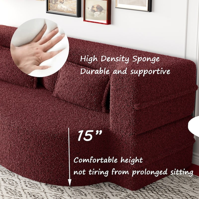 Modern Floor Sofa Bed, Teddy Fabric, 2 Pillows, 15" Fold Mattress