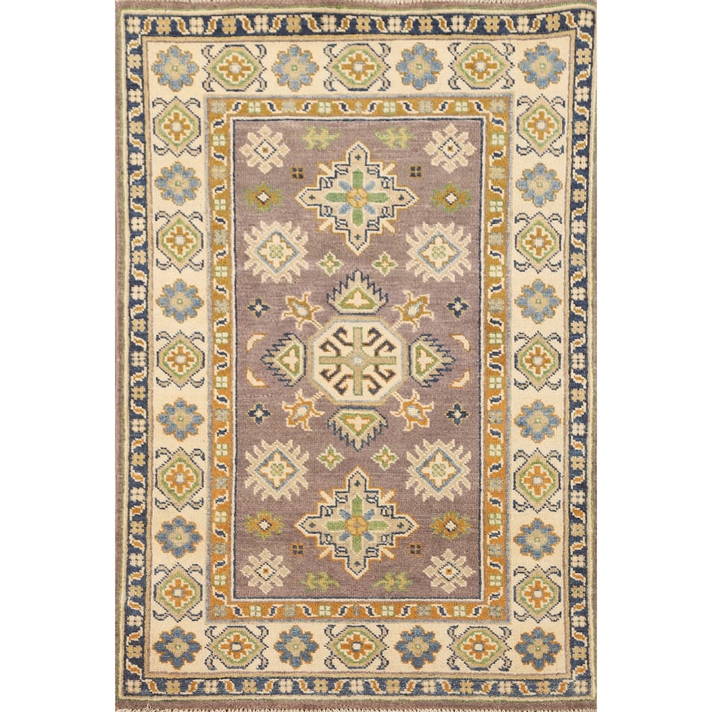 Geometric Brown Kazak Oriental Accent Rug Handmade Wool Carpet - 2'9" x 4'2"
