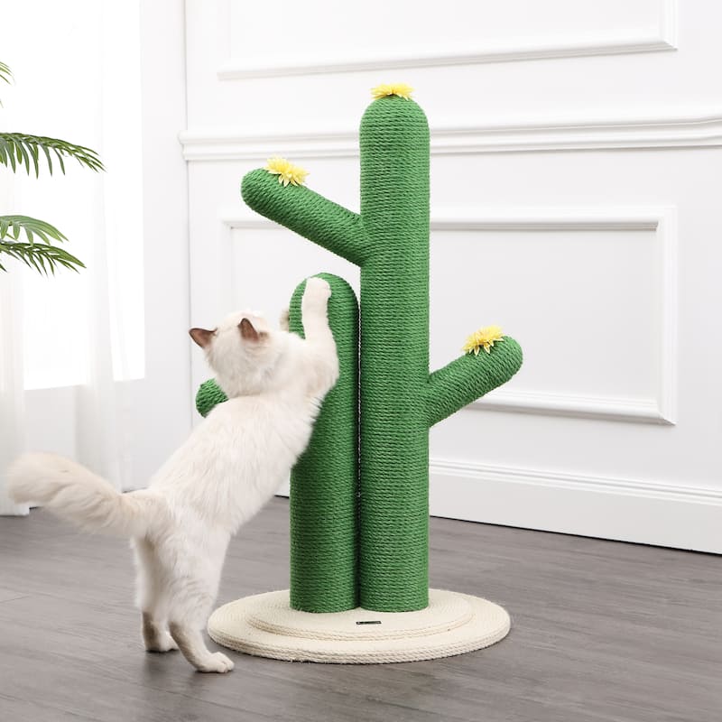 Socorro 34.25" Modern Jute Double-Cactus Cat Scratching Post with Flower Toys, Green/White