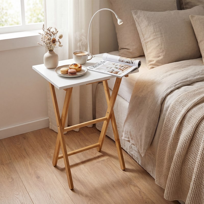 Gymax Folding TV Tray Tables Set of 2 Bamboo Snack Table for Small