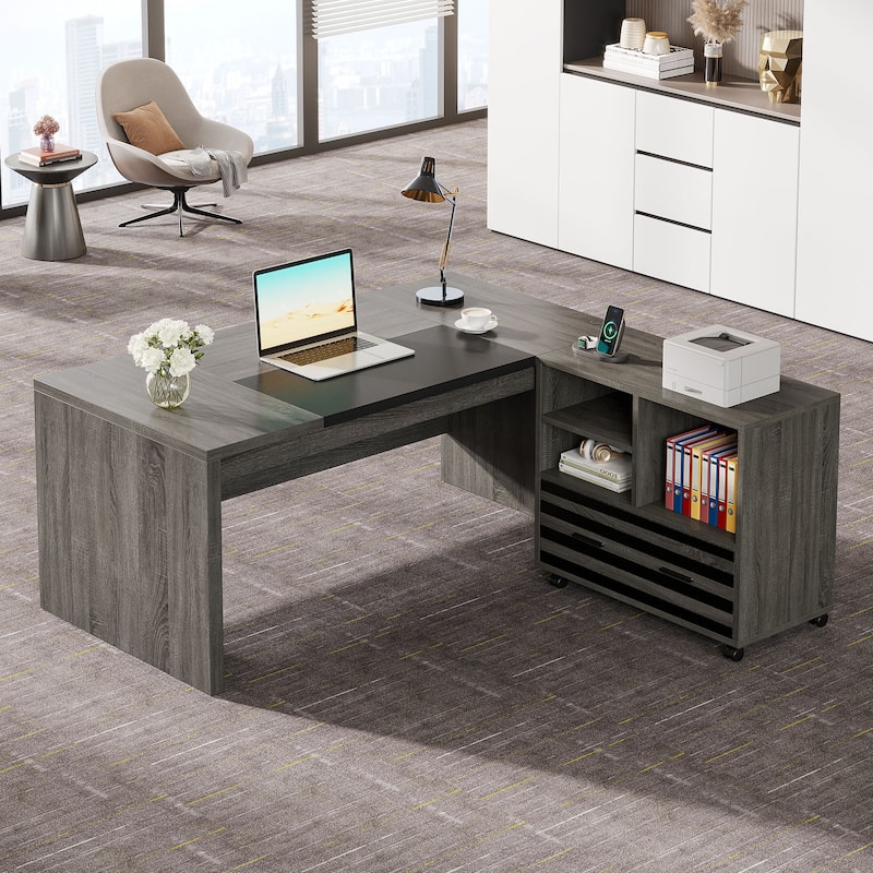 62.2" L-Shaped Office Desk with Mobile Cabinet - Grey