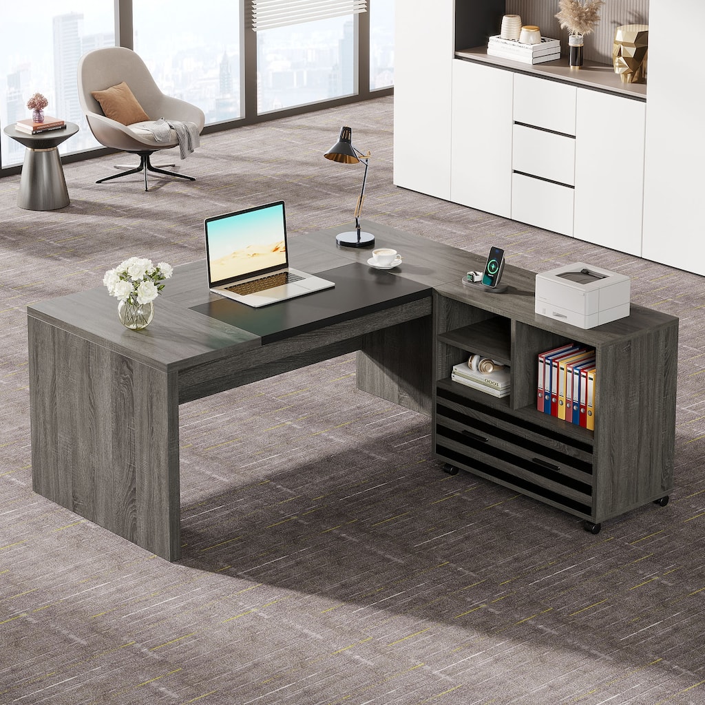 62.2" L-Shaped Office Desk with Mobile Cabinet
