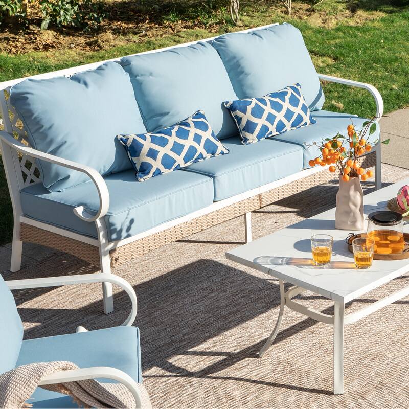 MAISON ARTS 5-Seat Patio Furniture Set, 2 x Cushioned Metal Chair, 1 x 3-Seat Sofa with Marbling Coffee Table