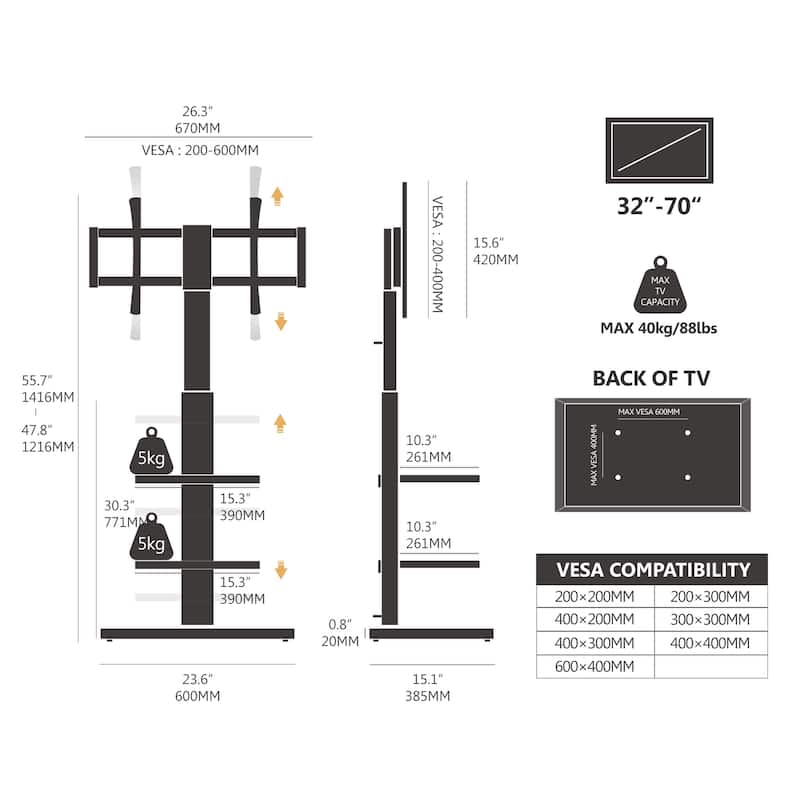 FITUEYES Sturdy Wood Base Floor TV Stand for 32-70 inch TVs with Two Shelves