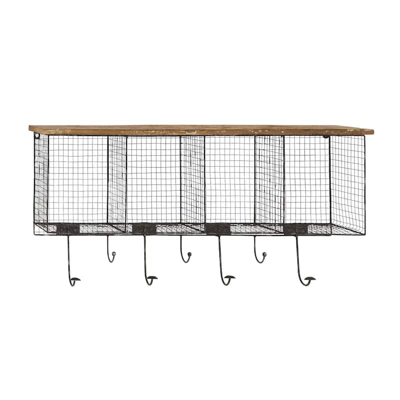 Metal 4 Cubbies and 1 Shelf Wall Hook with 7 Hangers - Black - Roche River Decor - 6"W x 32"L x 14"H