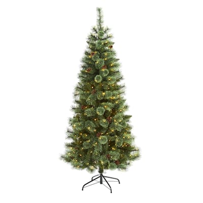 6ft. Pine Artificial Christmas Tree with 300 Clear LED Lights & Pine Cones - Classic Seasonal Holiday X-Mas Tree