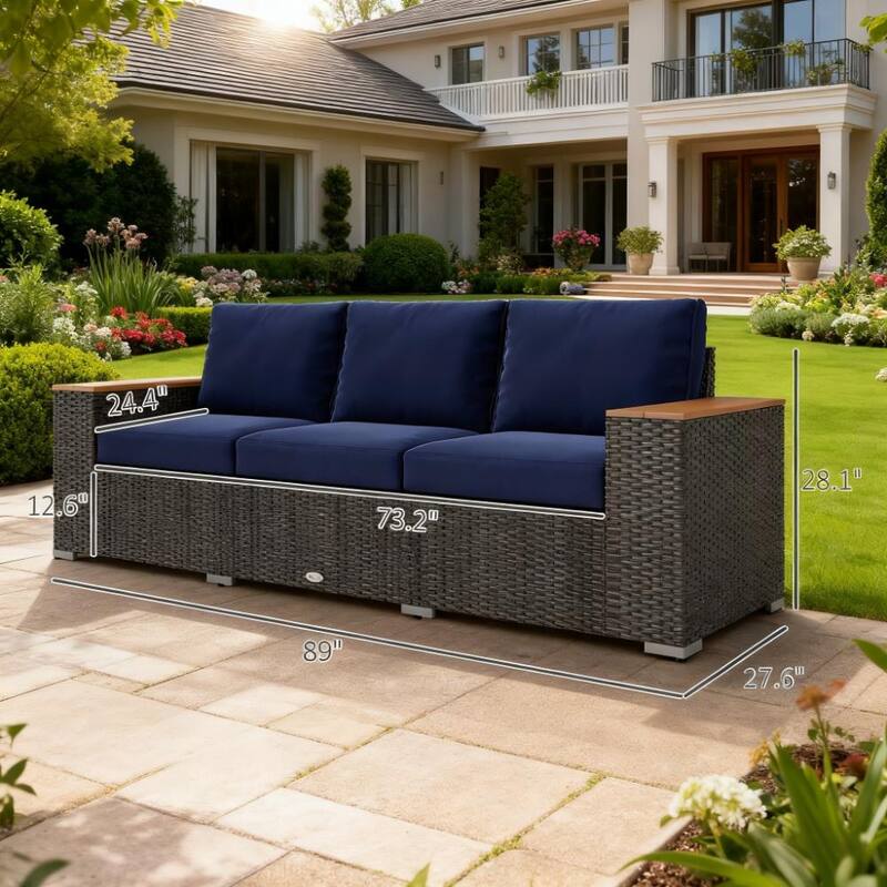GDFStudio - Outdoor PE Rattan 89" 3-Seat Patio Sofa with Cushions