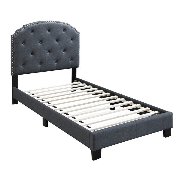 slide 2 of 2, Twin Bed with Button Tufted Scalloped Headboard, Grey Grey