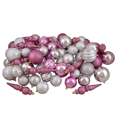 Shatterproof 3-Finish Christmas Ball and Finial Ornaments - Pink and Silver - 75ct
