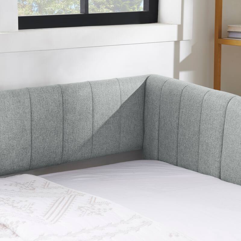 Twin/Full Size Daybed with Trundle, Upholstered Sofa Bed with Vertical Stripes, Linen Fabric, Comfortable Seating for Bedroom