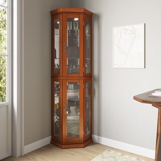 47" Lighted Curio Display Cabinet With Glass Doors & 3 Adjustable Shelves - Light Oak Finish, Bulb Included