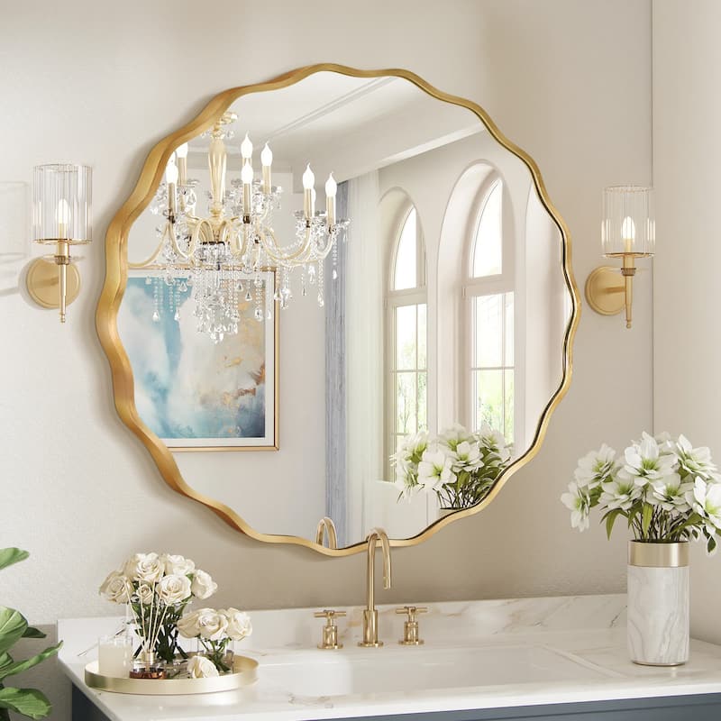 Decorative Aluminum Alloy Framed Wavy Round Wall Mirror Bathroom Vanity Mirror - 23.5x23.5 - Gold