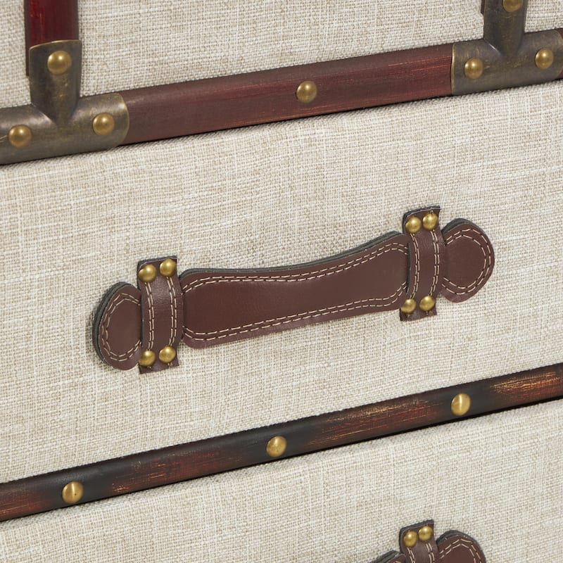 Wooden Vintage Style Storage 2 Drawer Coffee Table with Studs and Brown Faux Leather Accents - Cream - Roche River Decor