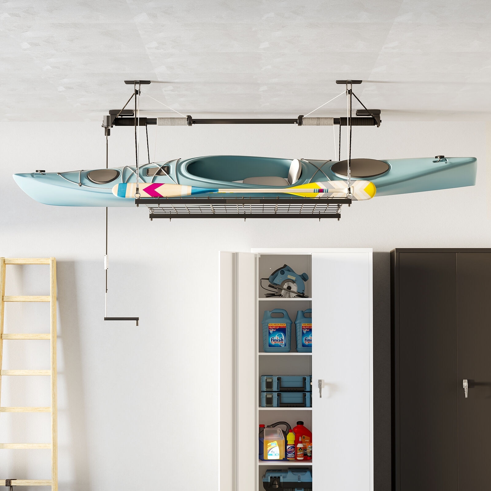 FLEXIMOUNTS Heavy Duty Manual Lift Adjustable Ceiling Storage Rack Overhead Metal Garage Storage Rack On Sale Bed Bath Beyond 40406197