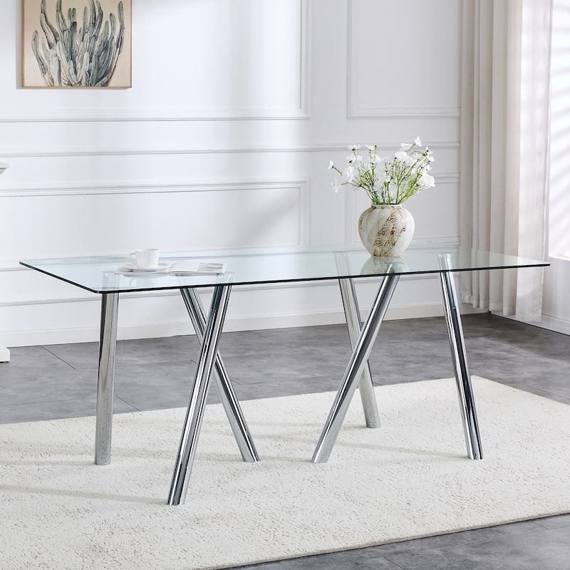 71-Inch Tempered Glass Dining Table with Sturdy Metal Legs - White