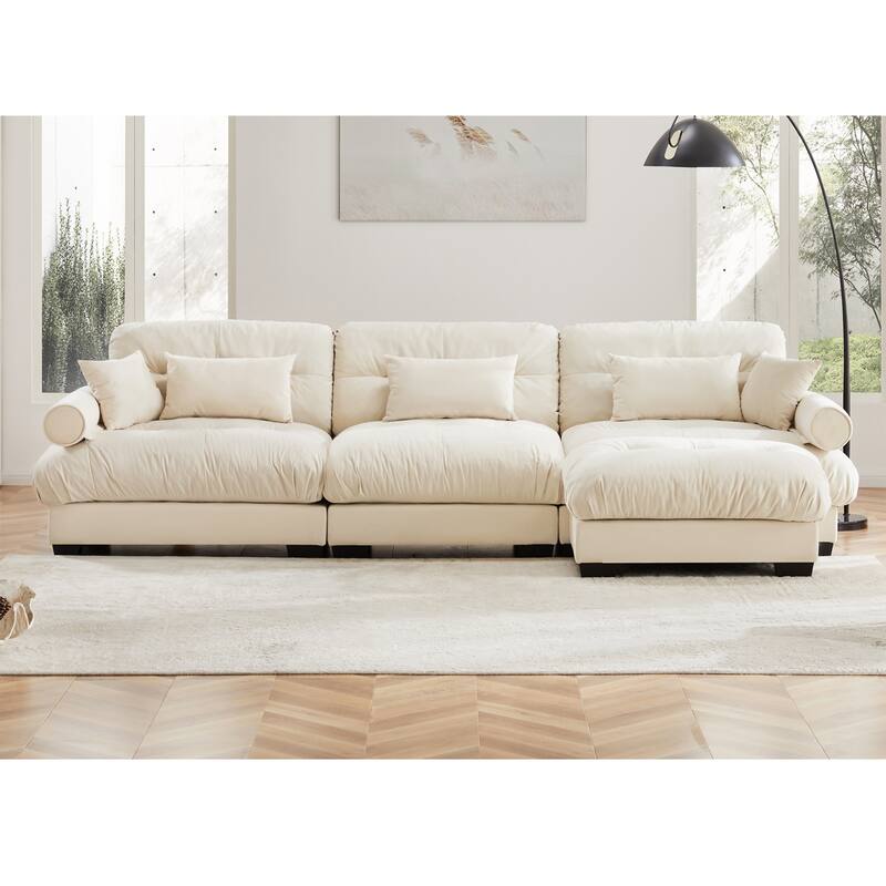 Modern Sectional Couch Comfortable Upholstered Sofa Set with Lumbar Pillow and Throw Pillow for Living Room - 3 Seats + 1 Ottoman - Cream