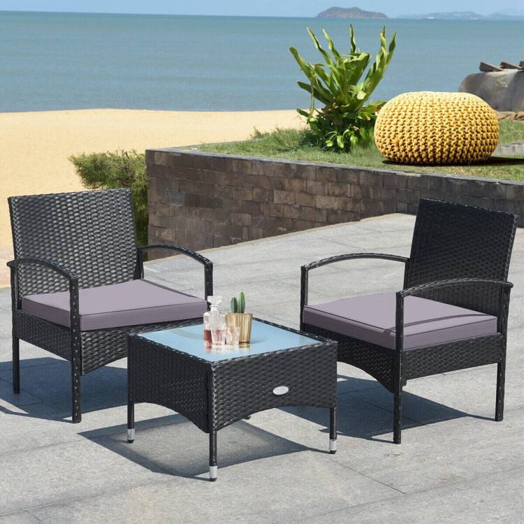3 Pieces Patio Wicker Rattan Furniture Set with Cushion for Lawn Backyard - 19.5" x 19.5" x 15" (L x W x H) - Grey