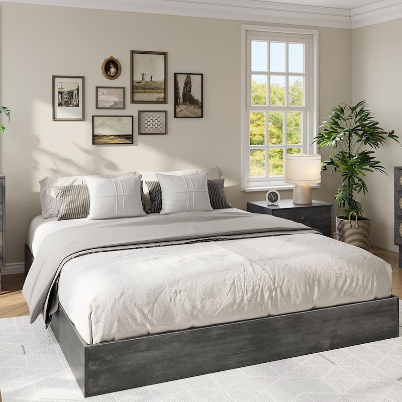 Space-Saving Sturdy Floor-Standing Platform Bed Frame, No Box Spring Needed, Black Grey - King