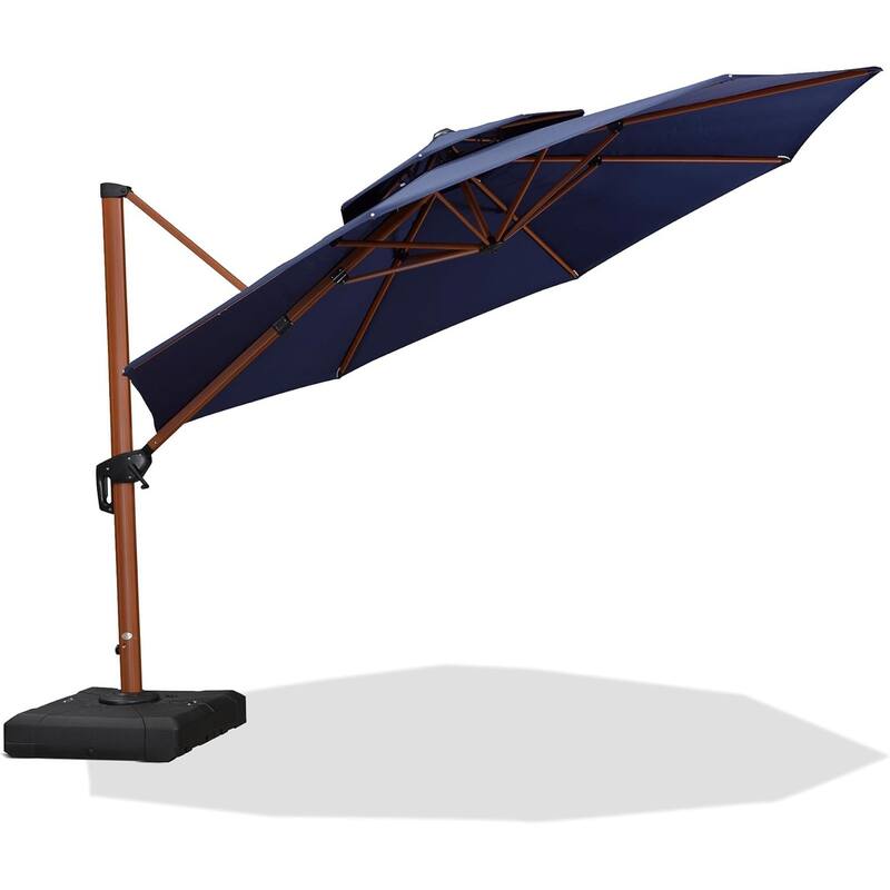 PURPLE LEAF 12ft Round Wood Pattern Patio Cantilever Umbrella - Navy Blue