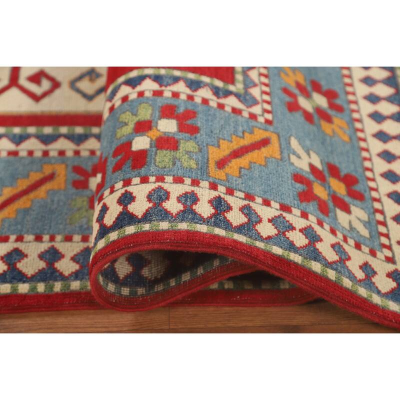 Green & Red Kazak Area Rug Hand-Knotted Wool Carpet - 6'7" x 9'7"