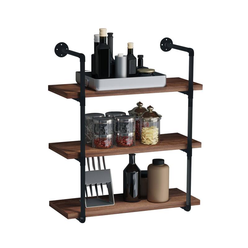 HOMCOM Industrial Pipe Style Shelf Multi-Tier Wall-Mounted Utility Bookcase Floating Storage Rack with Metal Frame, Rustic Brown