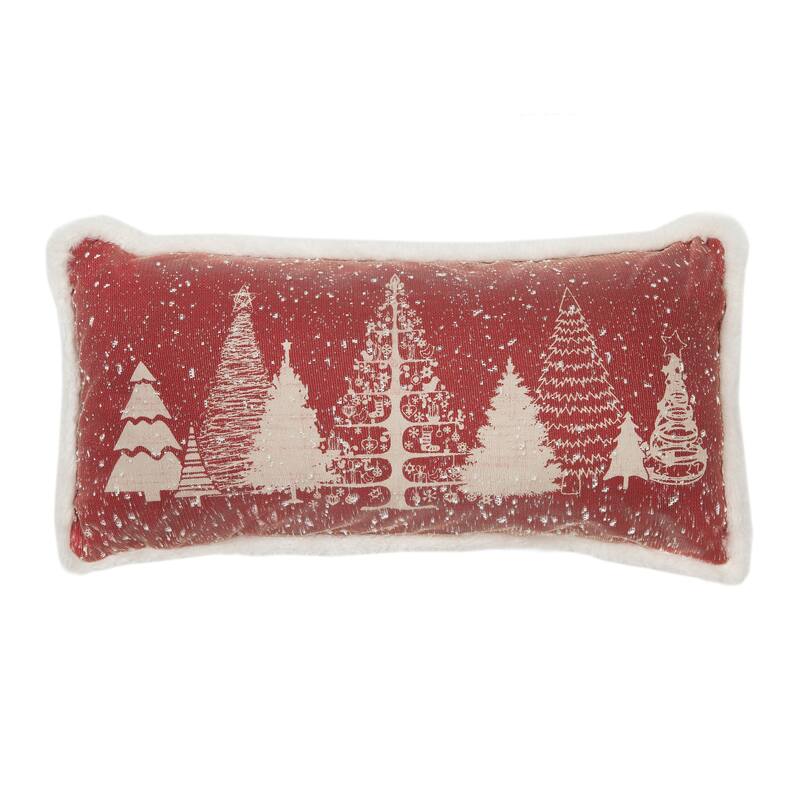 Snow Scene Printed Christmas Tree with Faux Fur Trim Christmas Pillow , 10 by 20-Inch