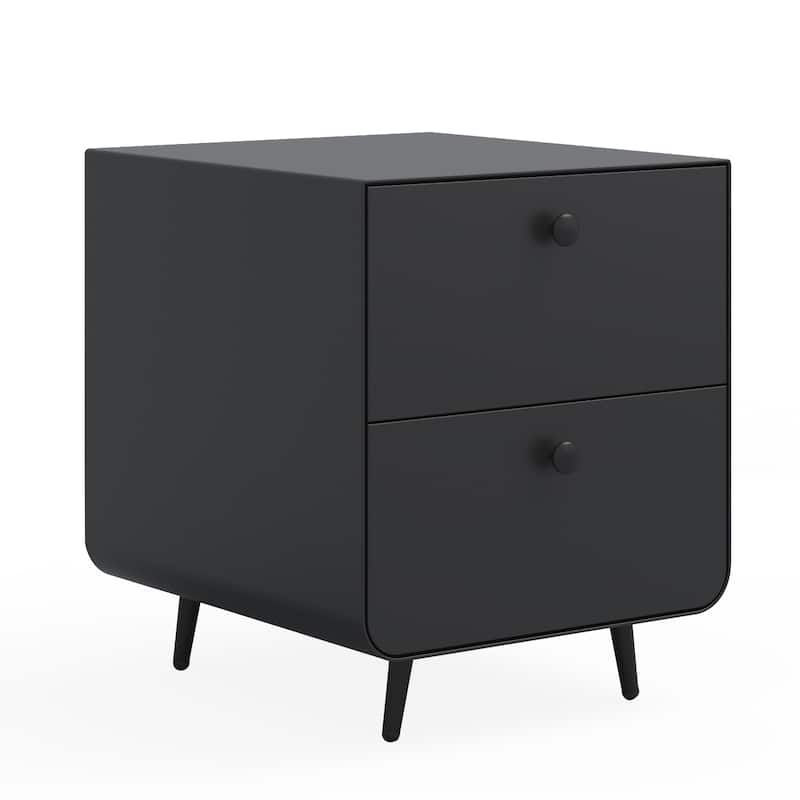Night Stand Wooden End Table, Bedside Furniture Bedside聽Table with 2 Circular Handle Drawers, Nightstand Steel Frame Cabinet