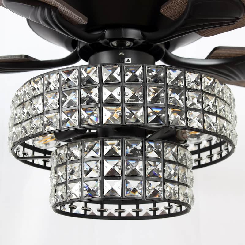 52-inch Matte Black Modern Crystal Downrod Mount Fandelier Ceiling Fan with Light and Remote