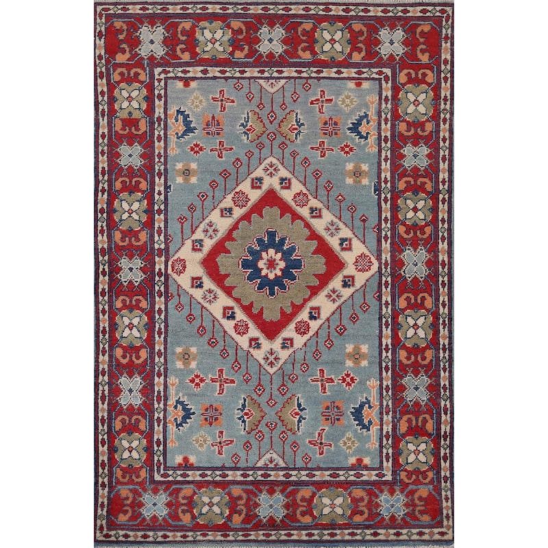 Light Blue Kazak Foyer Rug Hand-Knotted Wool Carpet - 3'3" x 4'11"