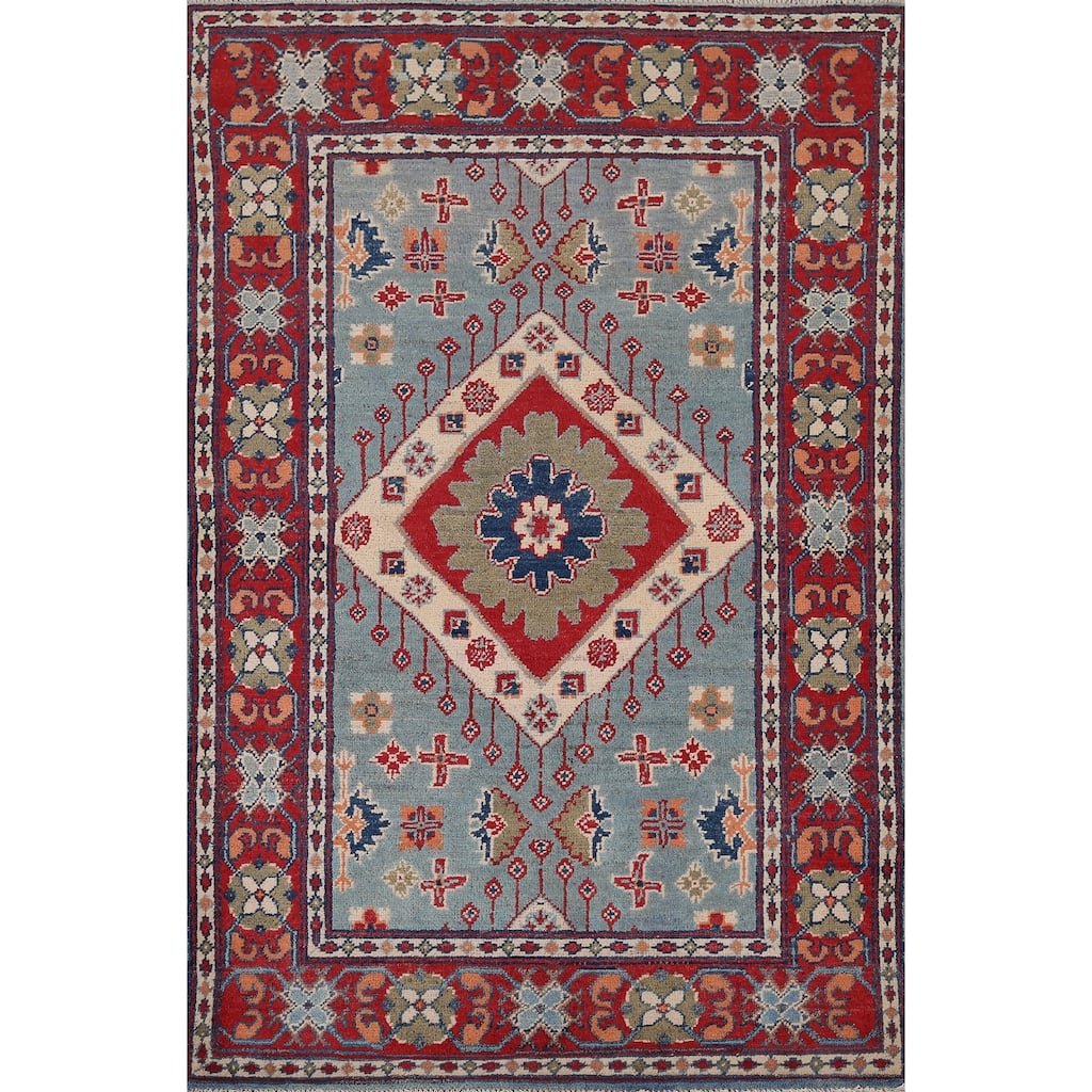 Light Blue Kazak Foyer Rug Hand-Knotted Wool Carpet - 3'3" x 4'11"