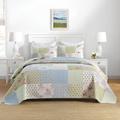 3 Pcs Floral Printed Patchwork Quilt Bedspread Set