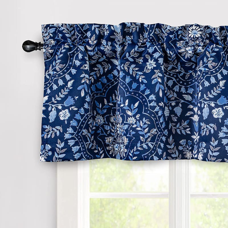 DriftAway Fleur Floral Damask Medallion Window Curtain Valance - 52" width x 14" length - 52" width x 14" length - Navy Blue