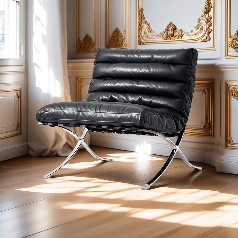 Mid Century Tufted Top Grain Leather Upholstered Lounge Chair