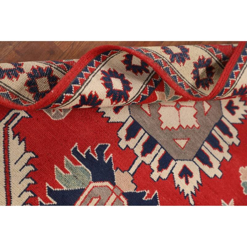 Geometric Red Kazak Oriental Accent Rug Hand-Knotted Wool Carpet - 3'5" x 4'11"