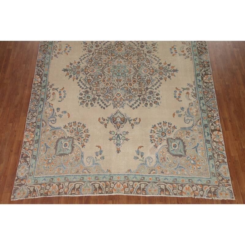 Hand Knotted Oriental 100% Wool Carpet Traditional Floral Beige & Ivories Tabriz Area Rug - 11' 6'' X 8' 7''