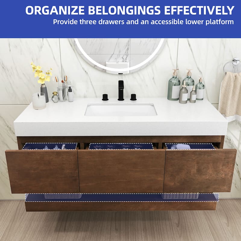 Moasis 48 Inch Floating Wall Mounted Bathroom Vanity with 3 Drawers