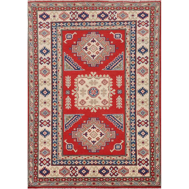 Geometric Red Kazak Accent Rug Handmade Oriental Wool Carpet - 3'3" x 4'10"