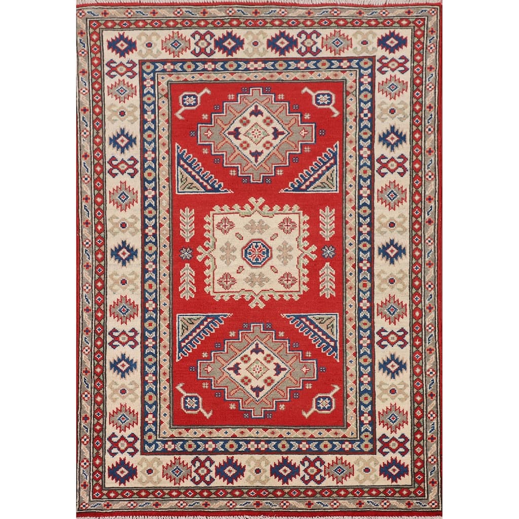 Geometric Red Kazak Accent Rug Handmade Oriental Wool Carpet - 3'3" x 4'10"