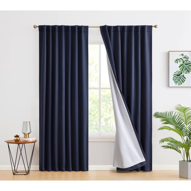HLC.me Hamilton 100% Complete Blackout Lined Heavy Thermal Insulated Window Curtain Rod Pocket Back Tab Panels, 2 Panels - 52 W x 72 L per panel - Set of 2 - Navy Blue