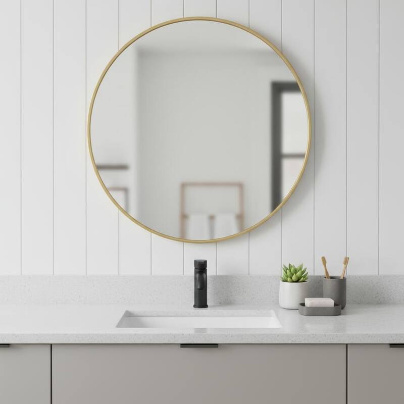 HomeRoots 20" Gold Metal Round Framed Bathroom Vanity Mirror - 20.00 in. x 20.00 in. x 1.30 in. - 20.00 in. x 20.00 in. x 1.30 in.
