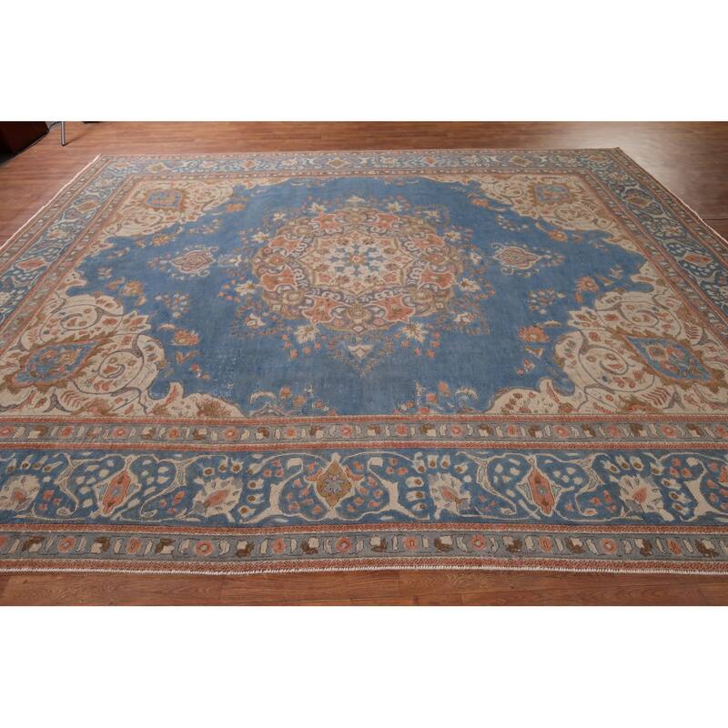 Tabriz Vintage Persian Area Rug Handmade Oriental Blue Wool Carpet - 9'8" x 12'5"