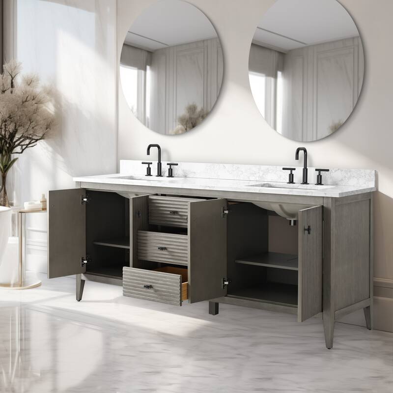 Vanity Art 72" Double Sink Bathroom Vanity Cabinet with Engineered Marble Top