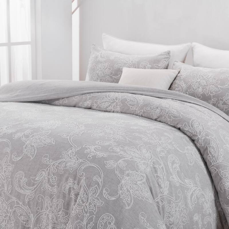 WHOLINENS Linen Blend Duvet Cover Set- Crewel Embroidery - pastel-grey-Floral - King