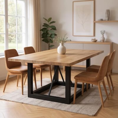 HomeRoots 60" Natural and Black Solid Wood And Iron Frame Base Square Dining Table - 60 in. x 30.5 in. x 60 in.