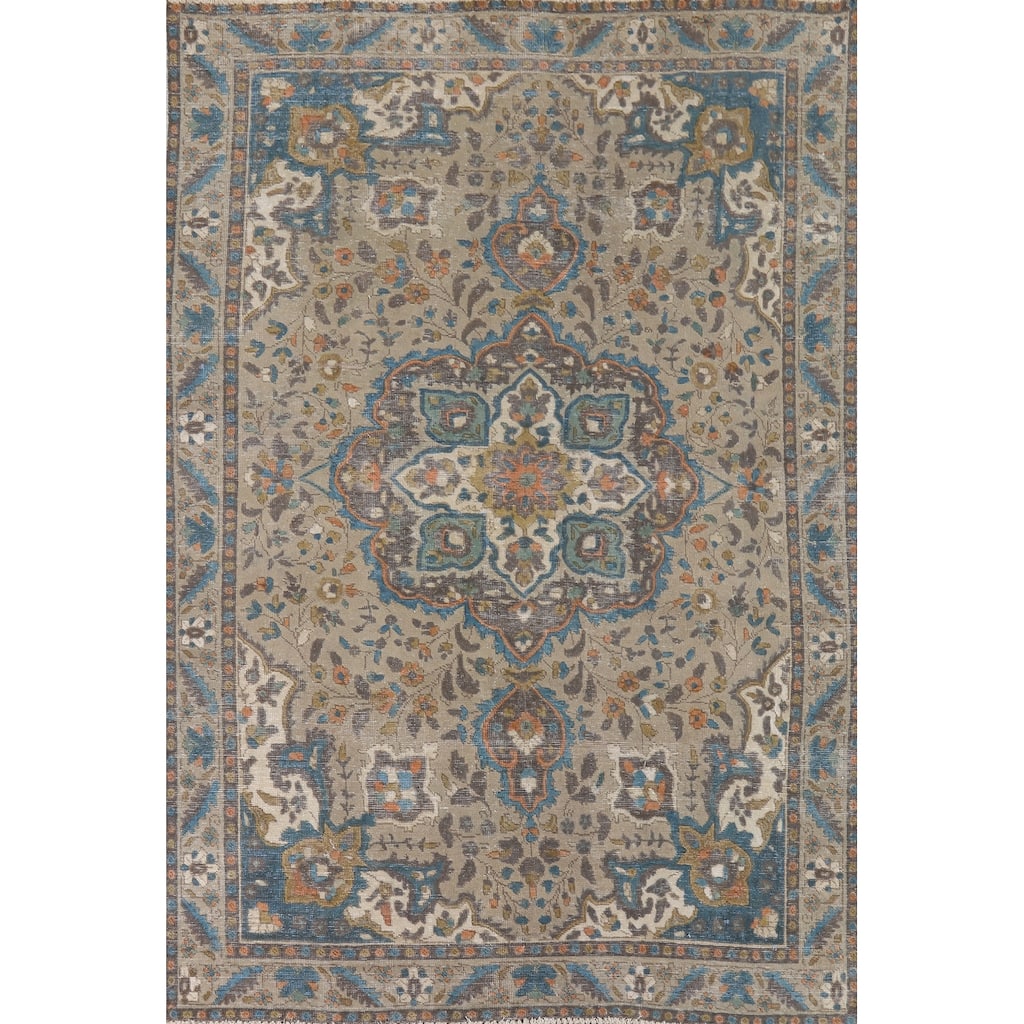 Distressed Tabriz Vintage Persian Rug Handmade Beige Wool Carpet - 6'5" x 9'3"
