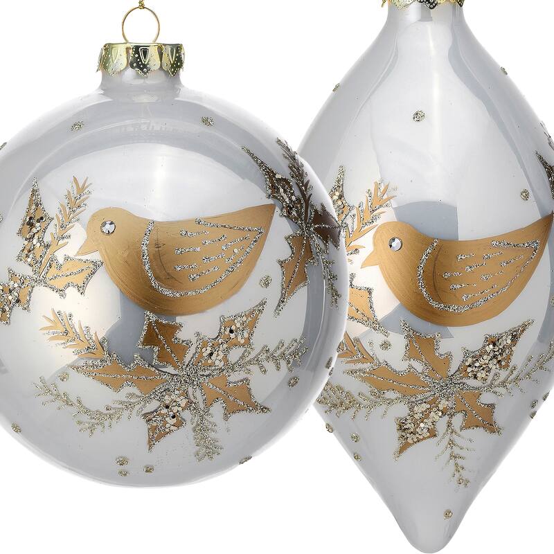 4-6" Glass Dove Ball And Finial Ornament Set of 2
