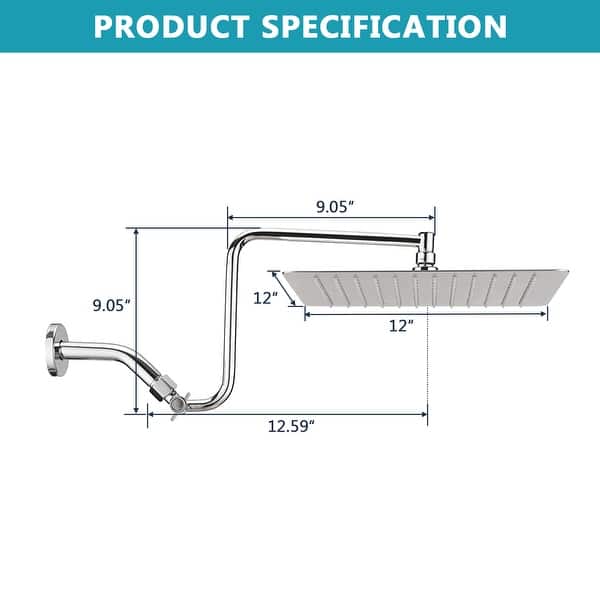 dimension image slide 2 of 3, YASINU 12" Rain ShowerHead with Adjustable Extension Arm