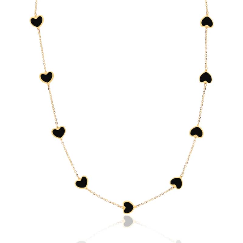 Curata 14k Yellow Gold Italian 18" Inlaid Genuine Gemstone 7mm Heart Station Necklace - Black Onyx